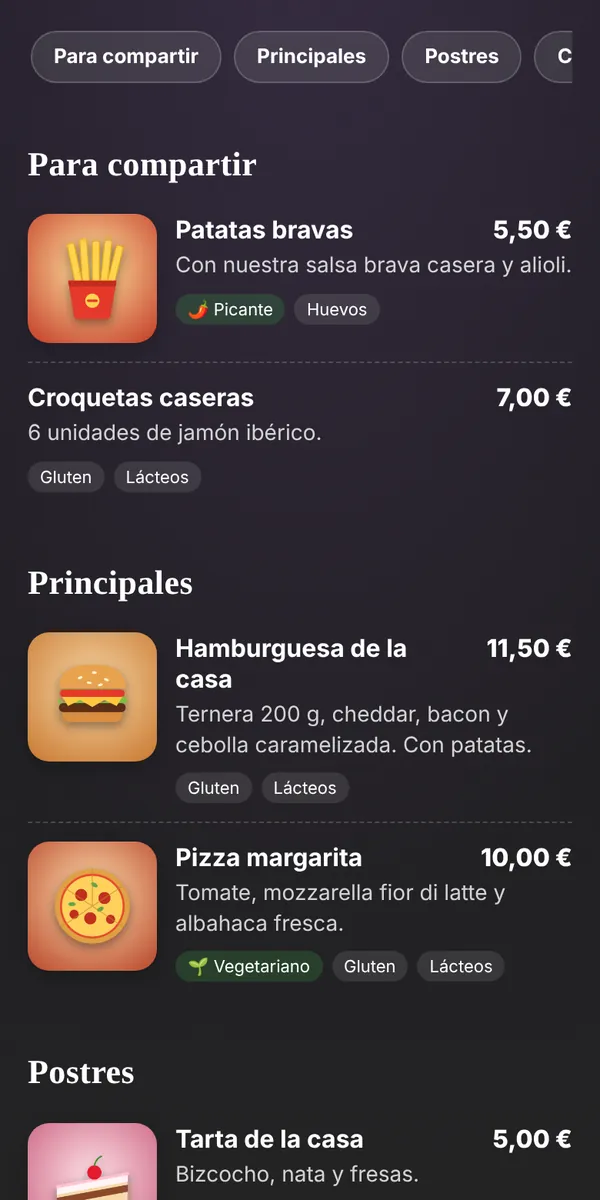 Carta digital con patatas bravas, hamburguesa y pizza
