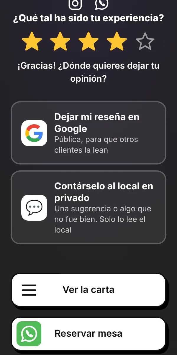 Pantalla con estrellas y dos opciones: dejar una reseña en Google o contárselo al local en privado